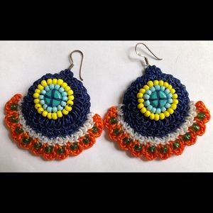 Hand Crocheted Earrings NEW Beaded seed beads 1/34” x 1 3/8” Nice!
